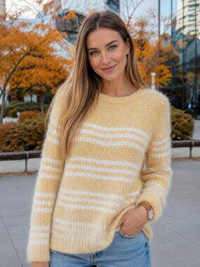XY Fashion Fuzzy Striped Crewneck Sweater Cottagecore Preppy Butter Yellow S/M